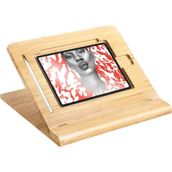 Tablet Stand Holder Adjustable Foldable,Multi-Angle Bamboo Wooden Organizer Desktop Holder for iPad,Stable for Drawing,Watching,Typing (Support Multiple Devices)