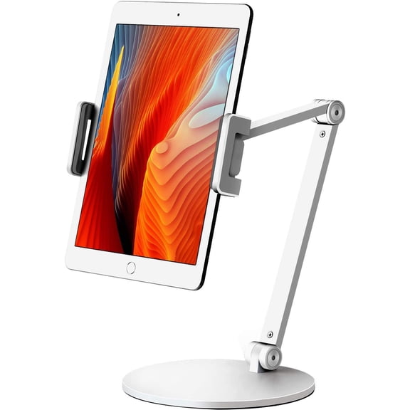 Tablet Stand Holder Mount, Rotate 360 Degrees of Flexible, Height and Angle Adjustable, High-Grade Aluminium Alloy Long Arm Compatible with 4.5-13 Mobile Phone and Tablet, , iPad(White)