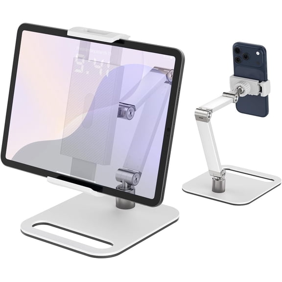 Tablet Stand Holder for iPad, Portable Stand Holder 15.6'',16'', Alloy Foldable Arm Mount with 360? Swivel Desk Mount Compatible with 4.7-16inch Tablet, Cell Phone (White)