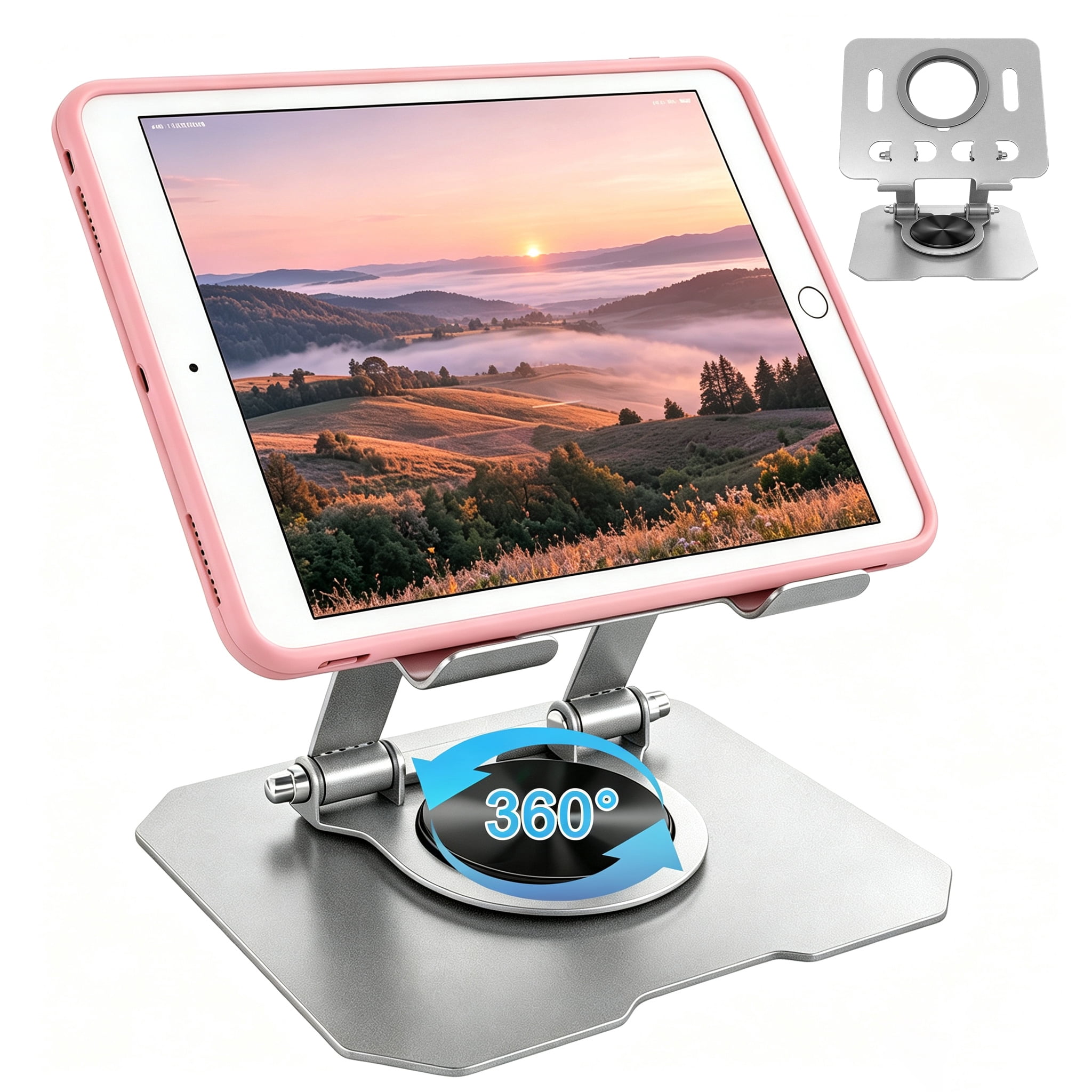 360° Rotating Tablet Stand, Universal Foldable Aluminum Alloy Tablet Holder, Height Angle Adjustable Desktop Tablet Mount, Multi‑Angle Stand for Tablet Phone