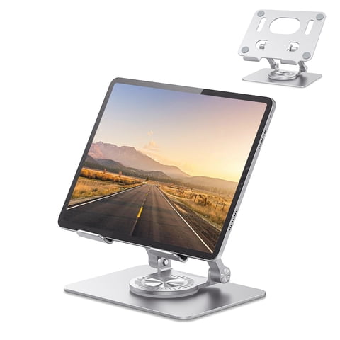 Tablet Stand for Desk, KEXIN Aluminum Adjustable Universal Tablet Holder - Compatible with iPad, 360°Swivel Base, Silver