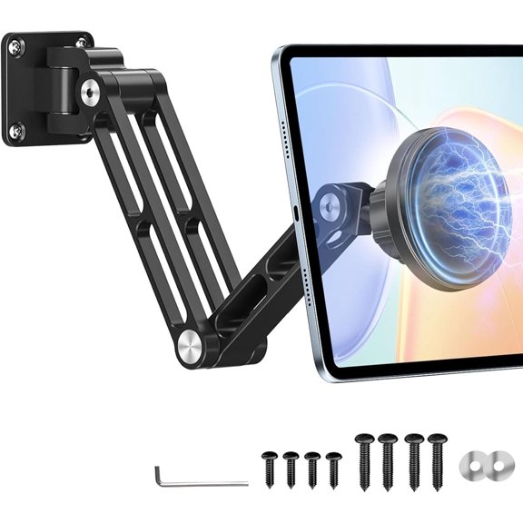 Tablet Wall Mount, iPad Wall Mount Holder with 360? Rotating 2-Stage Foldable  Arm, MagSafe Compatible for Phones and Tablets, for Kitchen, Gym, Office,