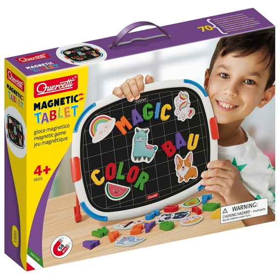 Quercetti: Magnetic Tablet - Double-Sided Magnet-White Board, Letters-Animals-Food Themed Magnets, Spelling Learning Tool, Educational Toy, Kids 4+