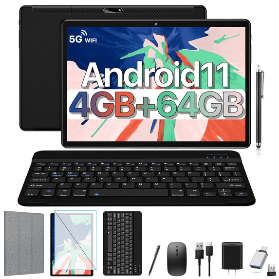 Tablet with Keyboard Android 11 Quad-Core Arm 4GB RAM 64GB ROM 1TB Expand 5G Wifi Google Certified