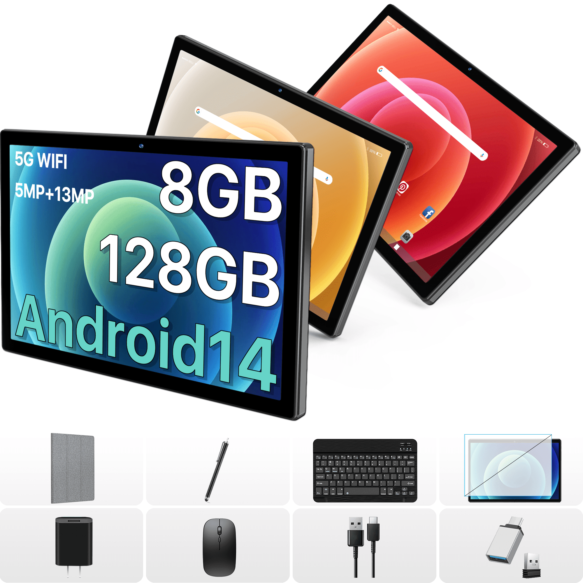 Android 14 Tablet,10inch Tablet with Keyboard, 8GB RAM+128GB ROM ,Unisoc T606,8-Core Processor, 8MP + 13MP Dual Camera,5G WiFi,7000mAh,GPS,Bluetooth V5.0,1280*800 IPS Display,2025 Newest Tablet,Black