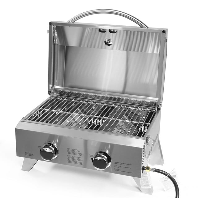 Tabletop 20,000 BTU, 2 Burner Grill Portable BBQ Table Top Propane Gas Grill With Foldable Legs, Stainless Steel