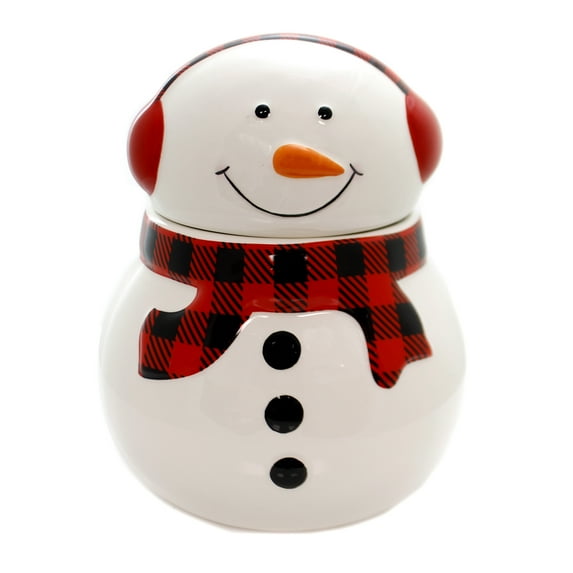 Tabletop Buffalo Snowman Cookie Jar Ceramic Plaid Earmuffs 187181