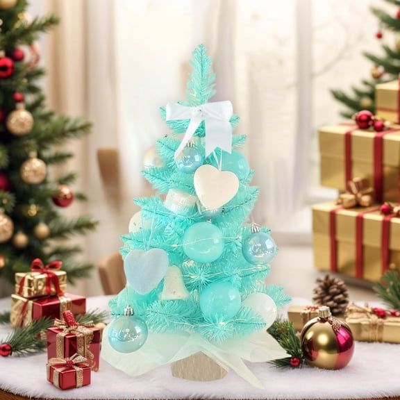 Tabletop Blue Christmas Tree with Ornaments and Lights – 17-Inch DIY Mini Artificial Cedar Tree for Desktop, Window, Walkway, or Indoor Party Décor – Holiday Decoration for Home, Office, or Wedding