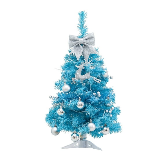 Tabletop Blue Christmas Tree with Ornaments – 17 in Mini Artificial Tree with Berry Picks and Bow for Holiday Desktop Home or Office Decoration