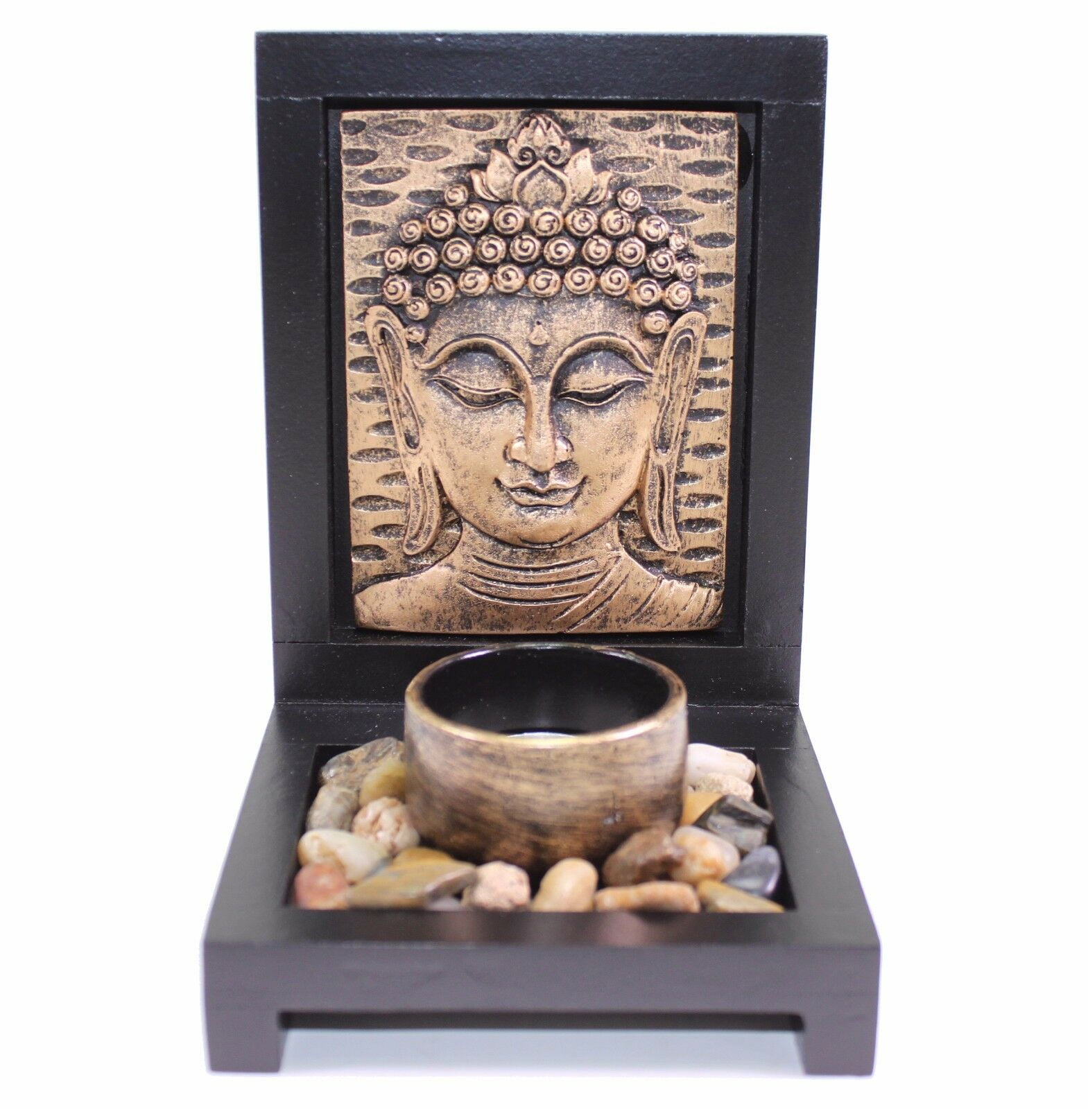 Tabletop Bronze Buddha Face Zen Garden Rock Candle Holder Gift & Home Decor G16276