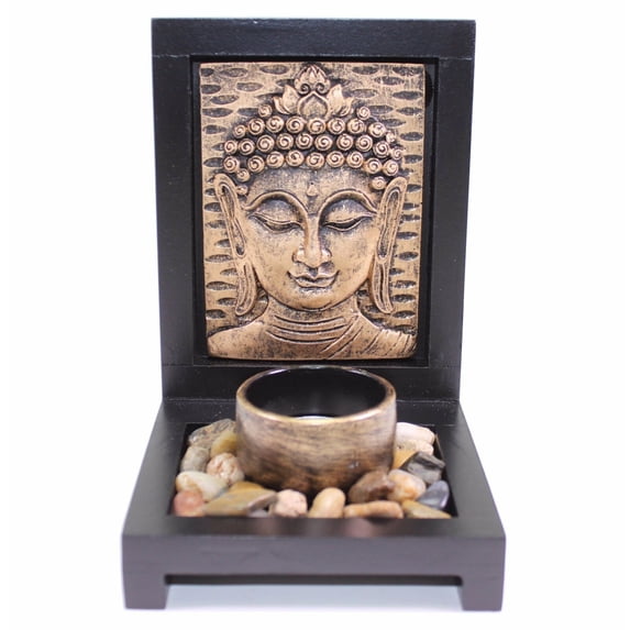 Tabletop Bronze Buddha Face Zen Garden Rock Candle Holder Gift & Home Decor G16276