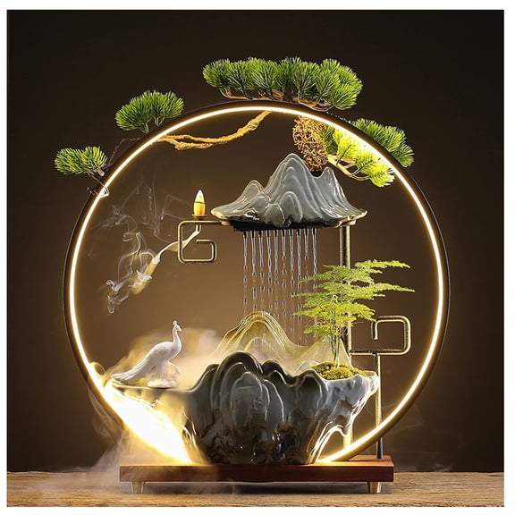 Tabletop Buddha Water Fountains Indoor Water Fall with LED Light Zen Decor for Meditation with Mist Japanese Decor with Plants Feng Shui Decor for Good Luck Wealth
