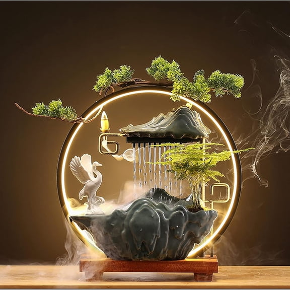 Tabletop Buddha Water Fountains Indoor Water Fall with LED Light Zen Decor for Meditation with Mist Japanese Decor with Plants Feng Shui Decor for Good Luck Wealth