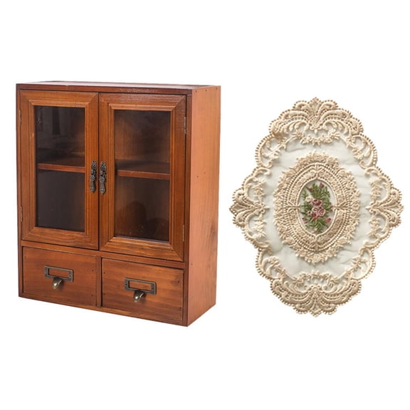 Tabletop Cabinet Desk Organizer Jewelry Holder Rustic Wooden with Double Doors for Countertop Cosmetics