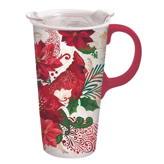 Tabletop Cardinal Travel Mug Ceramic Christmas Poinsettia 3Ctc00119