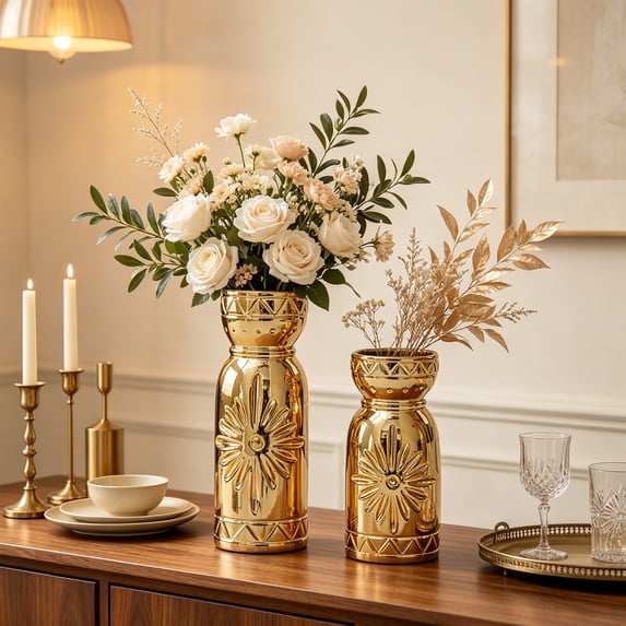 Tabletop Ceramic Flower Vase,Electroplated Gold Embossed Sunflower Decor Vessel with Two Selectable Sizes,Dried Foliage Display Container for Entry Console Fireplace Mantel Bedroom Dresser