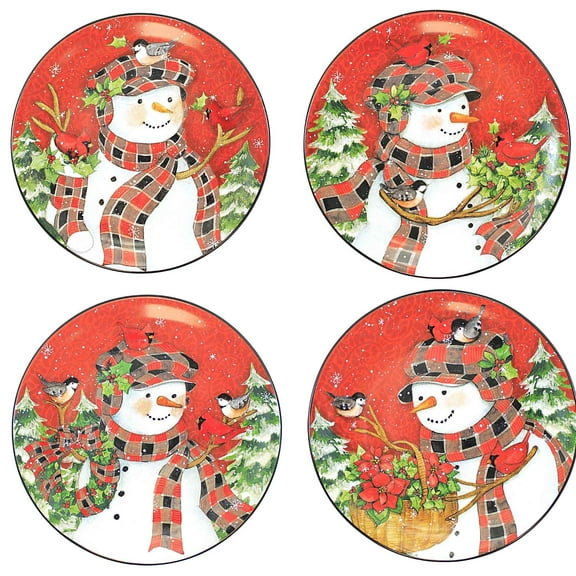 Tabletop Christmas Lodge Luncheon Plates Snowman Set/4 Salad Birds 29041