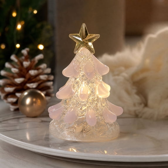 Tabletop Christmas Night Light, Lighted Mini Glass Christmas Tree with Star Topper, Festive Holiday Centerpiece for Home Mantel Shelf Office Desk Party Decoration