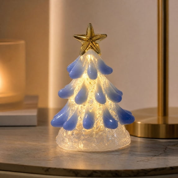 Tabletop Christmas Night Light, Lighted Mini Glass Christmas Tree with Star Topper, Festive Holiday Centerpiece for Home Mantel Shelf Office Desk Party Decoration