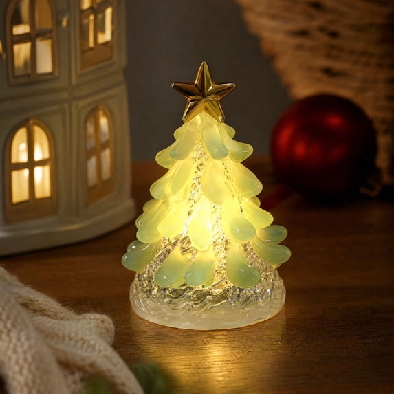 Tabletop Christmas Night Light, Lighted Mini Glass Christmas Tree with Star Topper, Festive Holiday Centerpiece for Home Mantel Shelf Office Desk Party Decoration