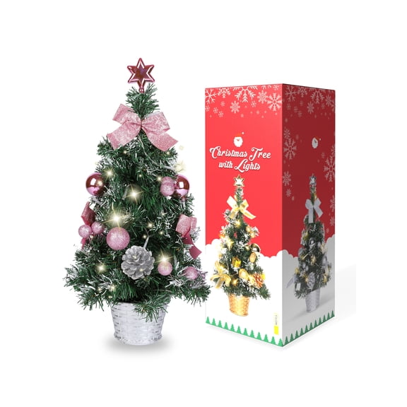 Adarl 18 inch Tabletop Mini Christmas Tree with LED String Lights, Small Artificial Xmas Tree with Base for Holiday Indoor Decor