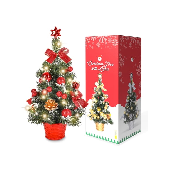 Adarl 18 inch Tabletop Mini Christmas Tree with LED String Lights, Small Artificial Xmas Tree with Base for Holiday Indoor Decor