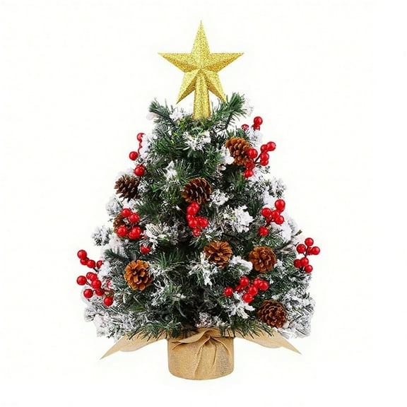 Tabletop Christmas Tree， 22 Inch Mini Artificial Christmas Tree with Pine Cone, Res Berries and Star Tree, Snow Flocked Small Xmas Tree for Holiday Indoor DIY Christmas Decor