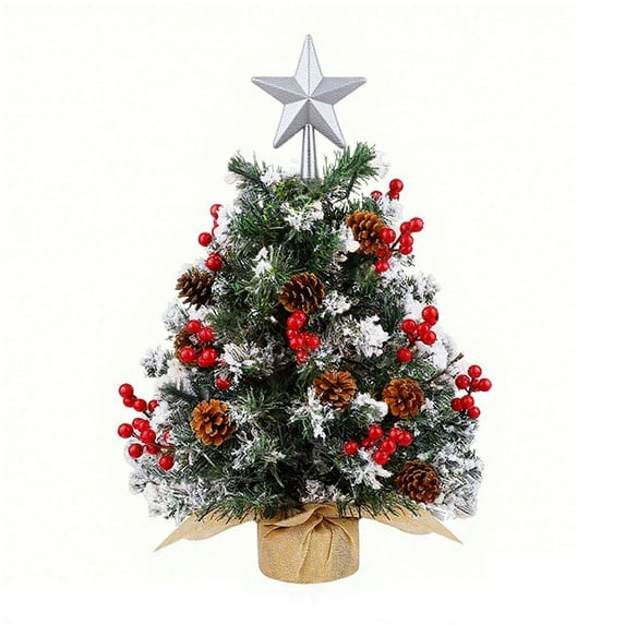 Tabletop Christmas Tree, 22 Inch Mini Artificial Christmas Tree with Pine Cone, Res Berries and Star Tree, Snow Flocked Small Xmas Tree for Holiday Indoor DIY Christmas Decor