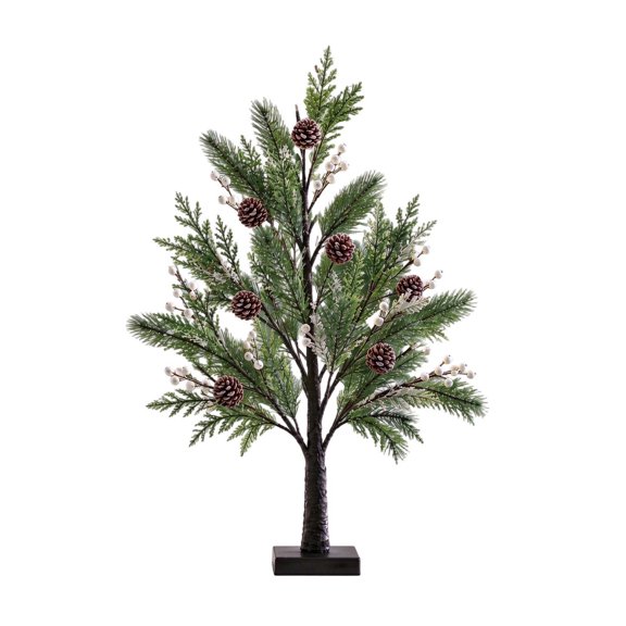 Tabletop Christmas Tree, 24 In Faux Pine With Red Berries On A Square Black Base, Miniature Holiday Display For Desk, Shelf And Mantel