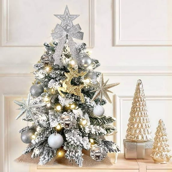 Tabletop Christmas Tree 2FT Small Mini Christmas Tree for Table Top, Artificial Snow Flocked Arbol de Navidad with Xmas Ornaments, Christmas Decorations for Home Office Apartment-Silver