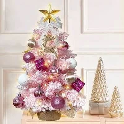 Tabletop Christmas Tree, 2ft Mini Christmas Tree with Light, Artificial Small Tabletop Christmas Decoration with Flocked Snow, Exquisite Decor & Xmas Ornaments for Home & Office, DIY Decor, Pink