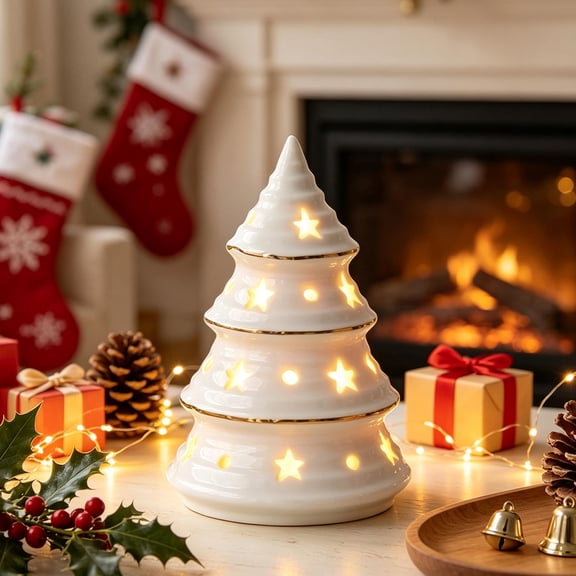 Tabletop Christmas Tree, Ceramic Four Tier Tree Figurine with Lights for Mantel Console Table Desk and Seasonal Display, White