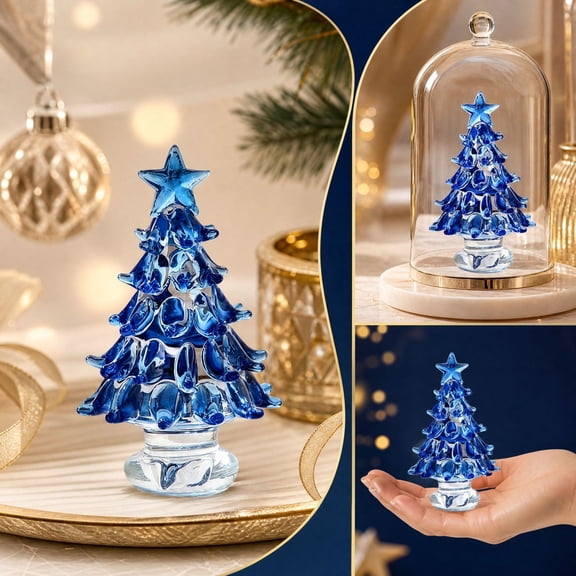 Tabletop Christmas Tree, Glass Mini Christmas Tree Figurine for Desk Bookshelf Mantel and Holiday Table, Blue, 2.56 x 1.57 x 1.57 in