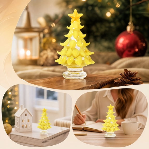 Tabletop Christmas Tree, Glass Mini Christmas Tree Figurine for Mantel Shelf Desk and Dining Table, Yellow, 2.56 x 1.57 x 1.57 in