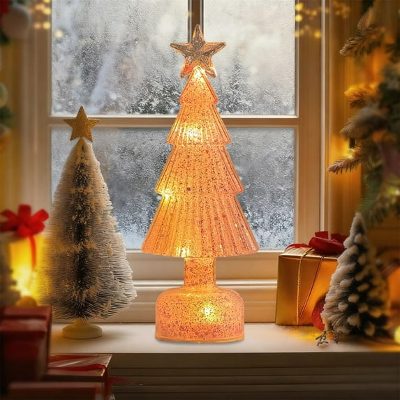 Tabletop Christmas Tree with LED Lights, Glowing Holiday Decor for Home, Festive Scene Setter, Ambient Night Light for Living Room and Bedroom(Pink,3.5"×9.3")
