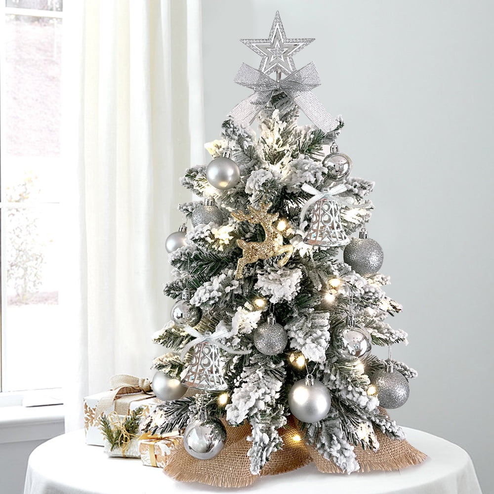 Tabletop Christmas Tree with Light 2FT Small White Artificial Christmas Decoration Tree with Flocked Snow Rich Decor Xmas Ornaments for Home