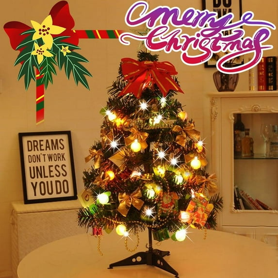 Tabletop Christmas Tree Mini Christmas Tree with LED Lights & Ornaments, for Table Top Desk Holiday Decoration, 2Pcs