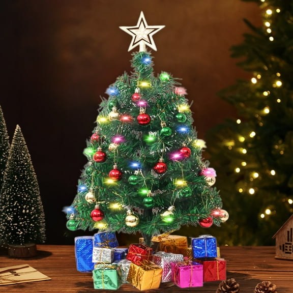 Tabletop Christmas Tree with Lights and Ornaments 17 Inch Artificial Green Mini Tree for Indoor Desktop Window Party Decoration