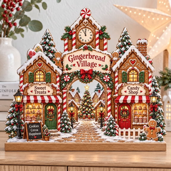 Tabletop Decor Christmas Gingerbread Village Wooden Block Stand Holiday Decoration