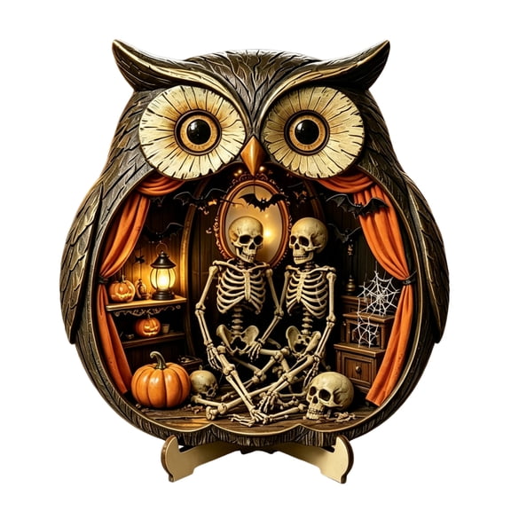 Tabletop Decor Wooden Owl Frame Halloween Scene with Led Fairy Lights Spooky Vintage Fall Accent for Shelf Desk and Counter Display