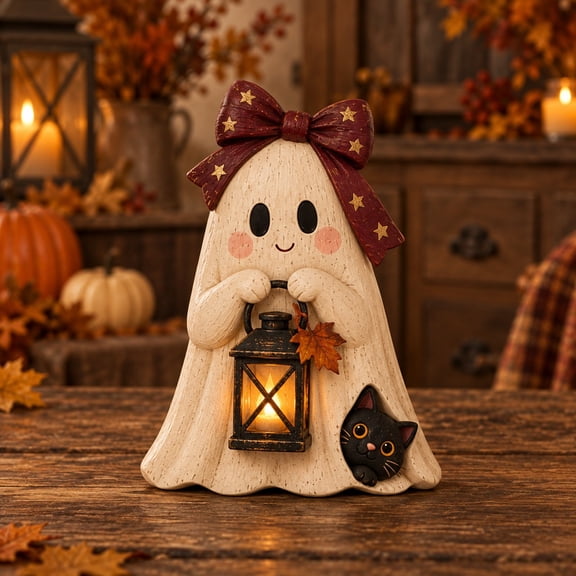 Tabletop Decoration, 3 Layer Halloween Ghost and Black Cat, Wooden Lantern Accent for Fall Entertaining