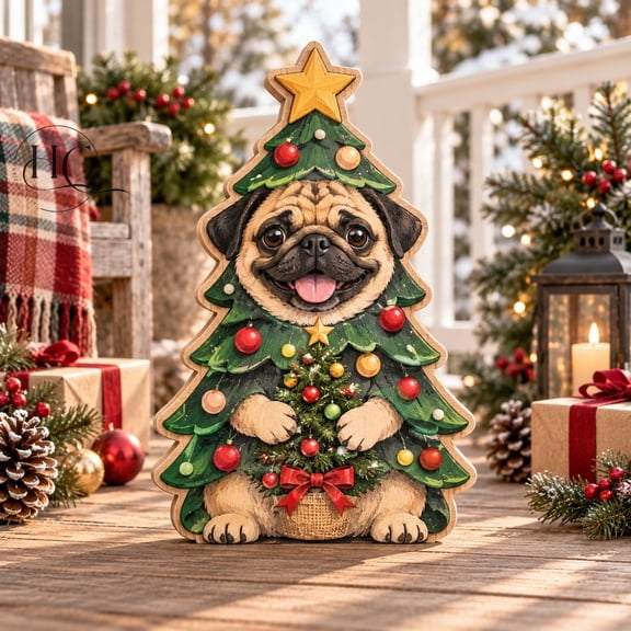 Tabletop Decoration Pug Christmas Tree Wooden Holiday Shelf Display for Dog Lovers