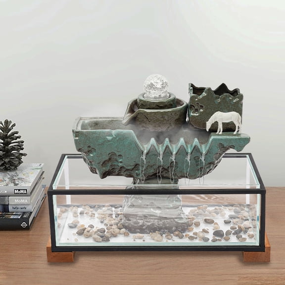 Tabletop Decorative Water Fountains, Resin Waterfall with LED Light for Good Luck Wealth