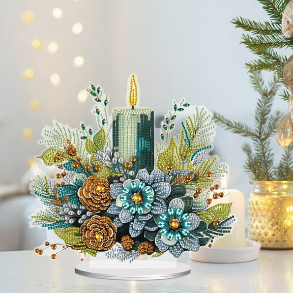 Tabletop Diamond Art Painting Kit, Green Candle in Bouquet DIY Tabletop Ornament Decoration, Acrylic Special Shape Diamond Art for Home Decor Ornaments and Gifts