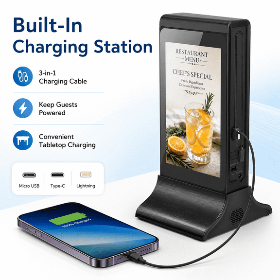 Tabletop Digital Signage Display, Dual-Sided 7 in Touchscreen Menu Board with WiFi Upload and Phone Charging, Black