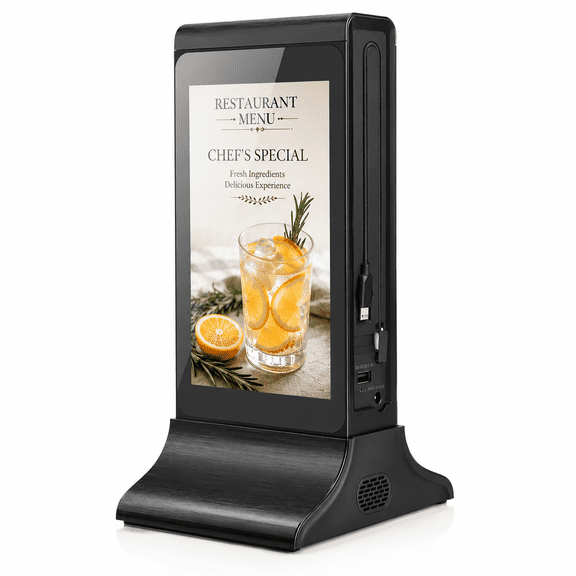 Tabletop Digital Signage Display, Dual-Sided 7 in Touchscreen Menu Board with WiFi Upload and Phone Charging, Black