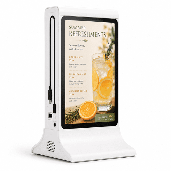 Tabletop Digital Signage Display, Dual-Sided 7 in Touchscreen Menu Board with WiFi Upload and Phone Charging, White