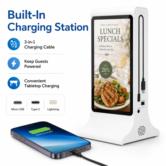 Tabletop Digital Signage Display, Dual-Sided 7 in Touchscreen Menu Board with WiFi Upload and Phone Charging, White