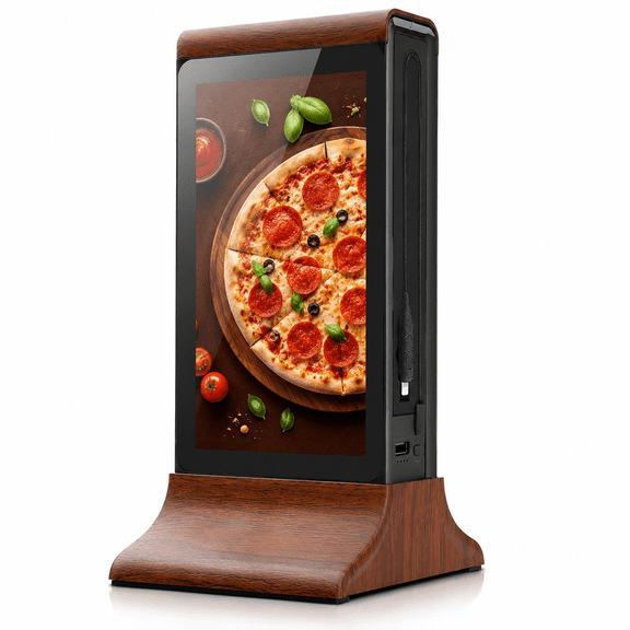 Tabletop Digital Signage Display, Dual-Sided 7 in Touchscreen Menu Board with WiFi Upload and Phone Charging, Wood Grain