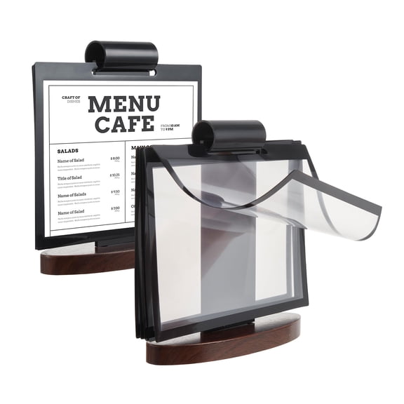 Tabletop Easel 2 Pack – A5 Horizontal Acrylic Flip Menu Sign Holder with Walnut Base – Desktop Display for Restaurant Cafe Shop Office
